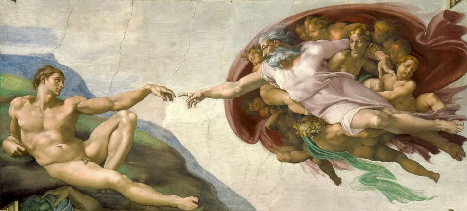 Michelangelo’s Creation of Adam: Adam reclines on the left, God with angels inside a billowing red cloak reaches toward his finger.