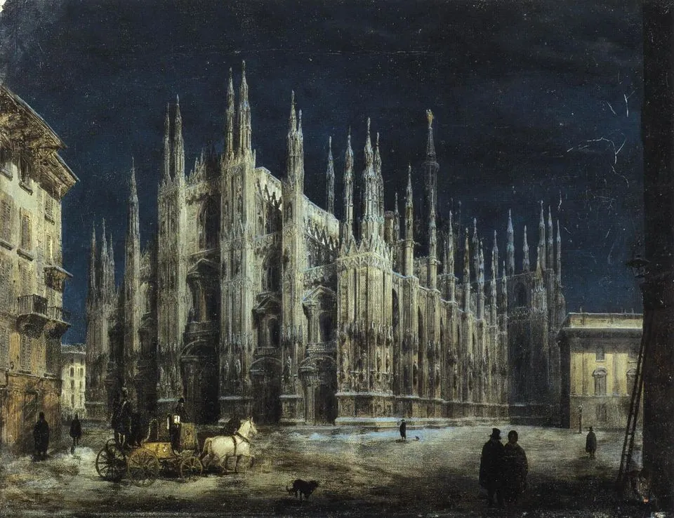 Inganni’s nocturne of Milan’s Duomo: the white cathedral glowing against a dark night sky, small figures on the square.