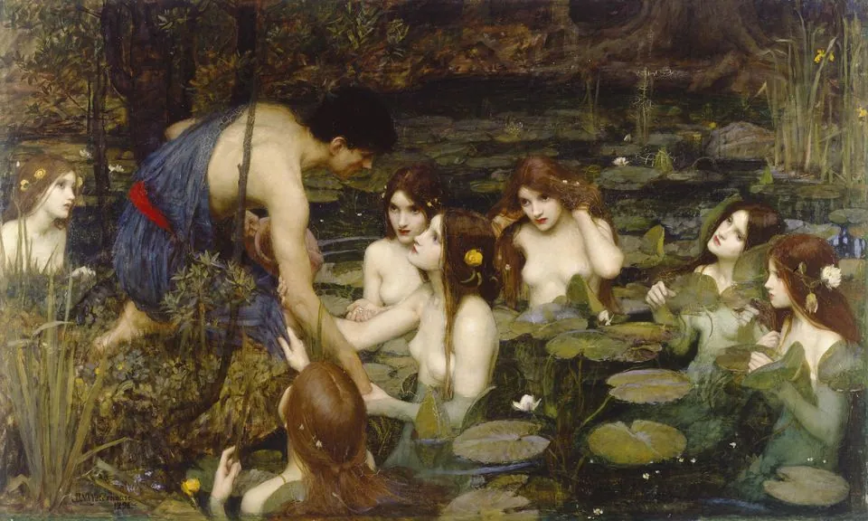 Waterhouse’s Hylas and the Nymphs: water nymphs among lilies draw a young man toward a pond.