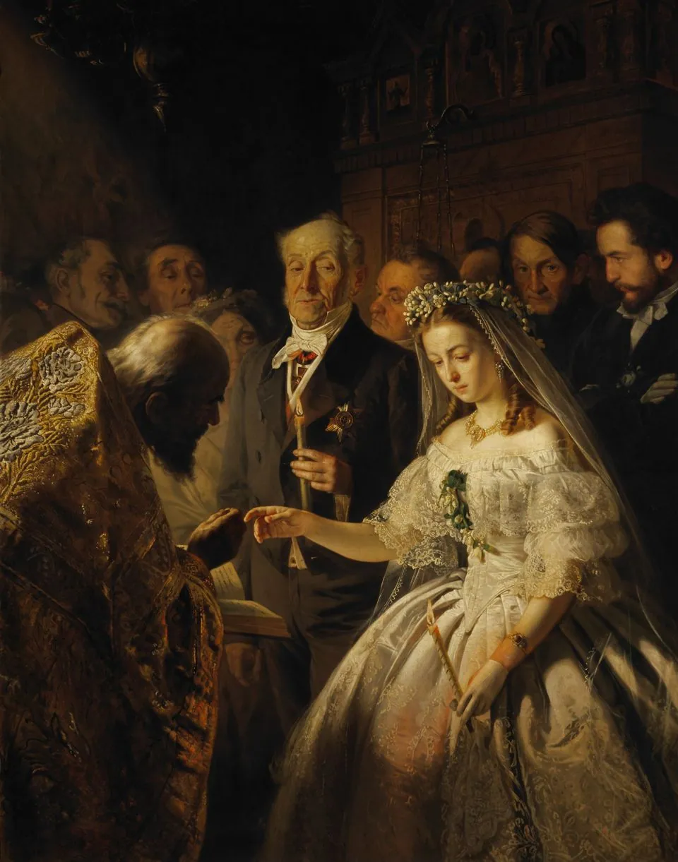 Pukirev’s Unequal Marriage: a young bride with downcast eyes beside an elderly groom at a church wedding, a man with folded arms at the right.