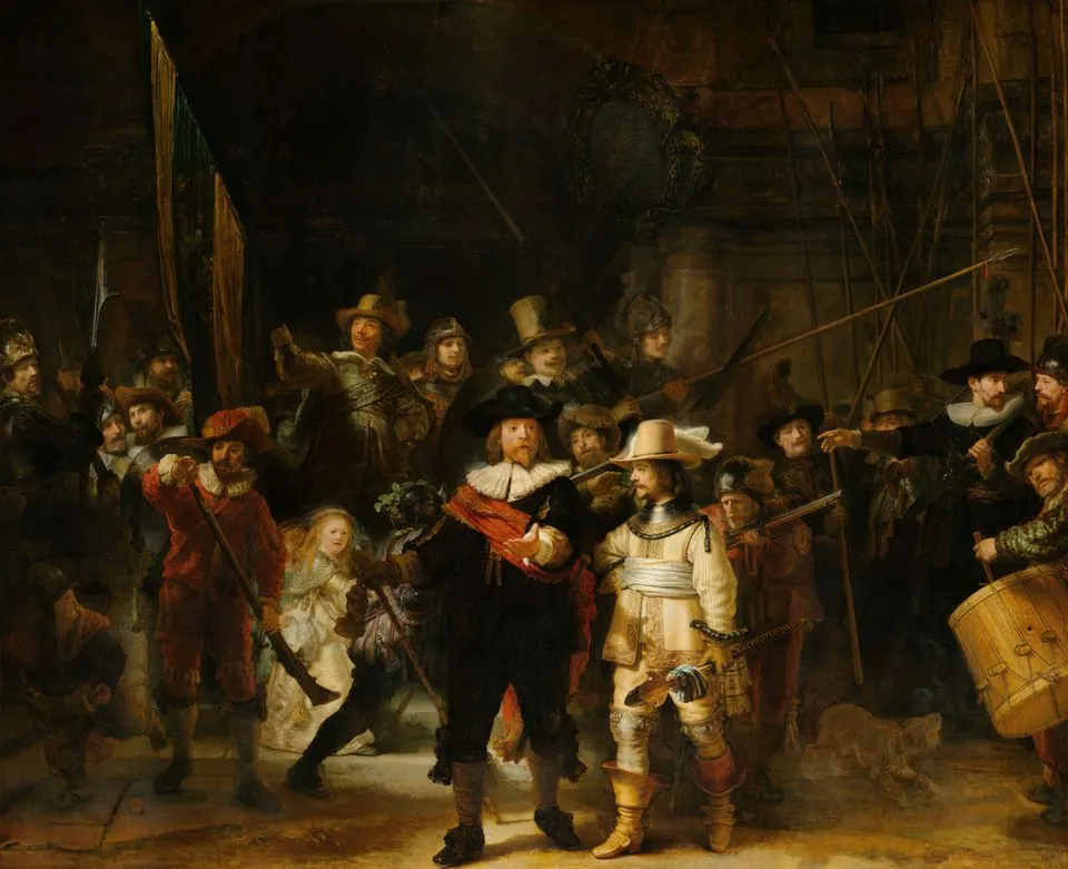 Rembrandt’s Night Watch: a militia company in dark light, a captain in black with a red sash and a lieutenant in pale yellow at the front.