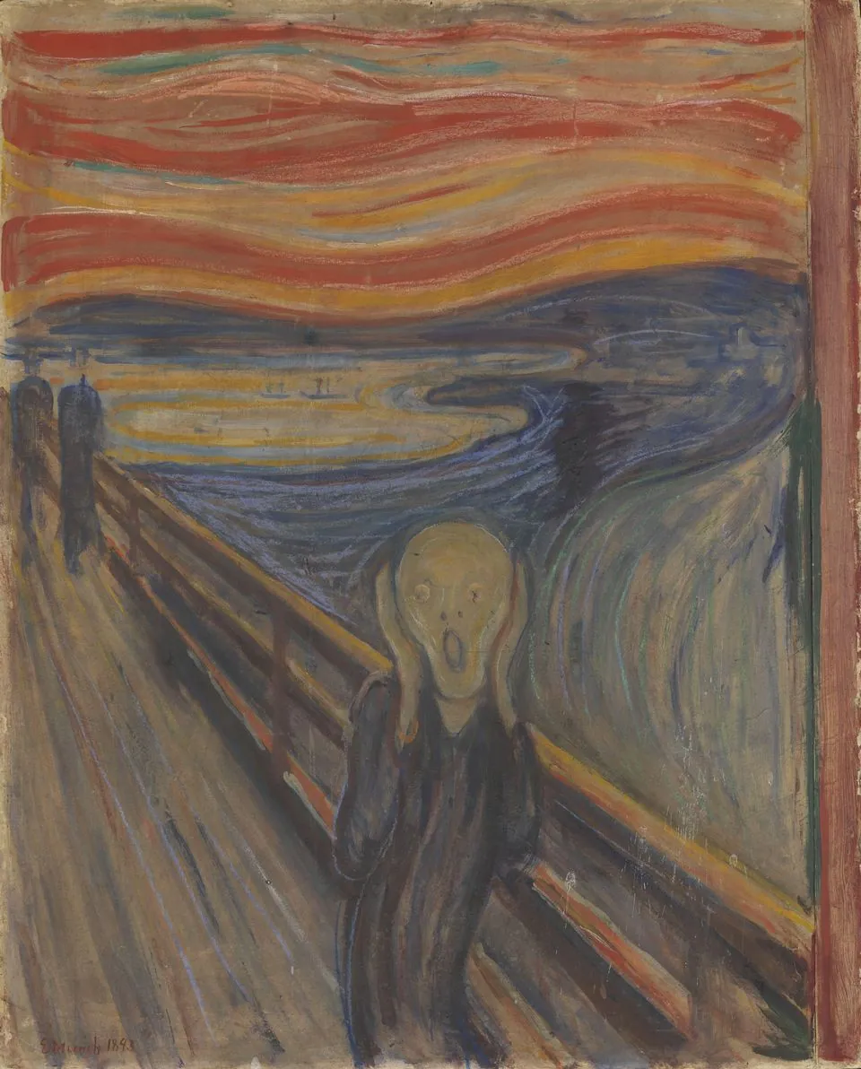 Munch’s Scream: a pale figure with hands on its face on a bridge, a blood-red swirling sky and a dark blue fjord behind.
