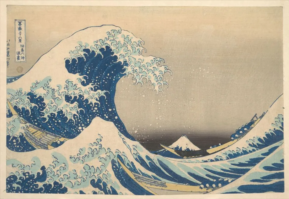 Hokusai’s Great Wave: a huge blue wave with claw-like foam curls over three boats, small Mount Fuji in the distance.